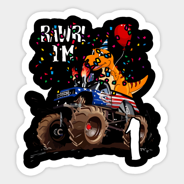 T Rex Dinosaur Monster Truck Birthday For Boys 1 Sticker by GillTee